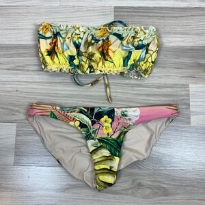 PQ Pilyq Bikini S Strapless Bandeau Tropical Ruffle Ruched Swim Cheeky
